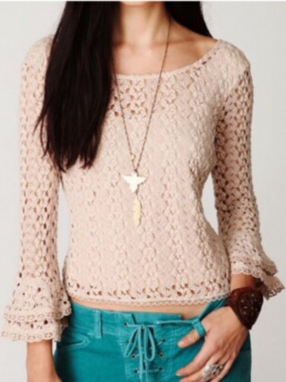 Free People Beige Crochet Top with 3/4 sleeves